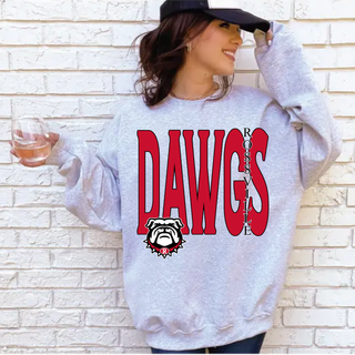 ash grey crewneck sweatshirt on model featuring red dawgs text with vertical rossville text and bulldog mascot with red spiked collar