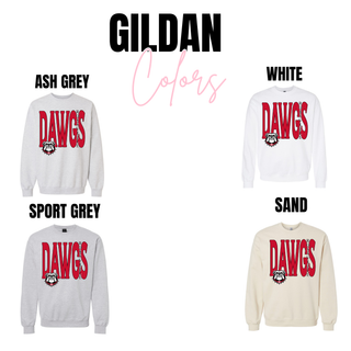gildan hoodies and crewneck sweatshirts in ash grey, white, sport grey, and sand with red rossville dawgs bulldog mascot design