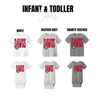 infant onesies and toddler tees in white, heather grey, and granite heather with red rossville dawgs bulldog mascot design