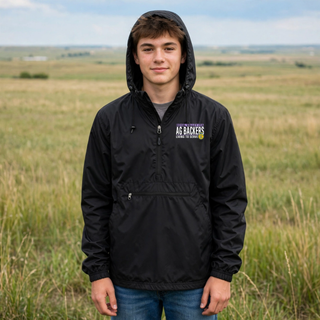 Black Royal Valley Ag Backers Living to Serve packable jacket worn outdoors