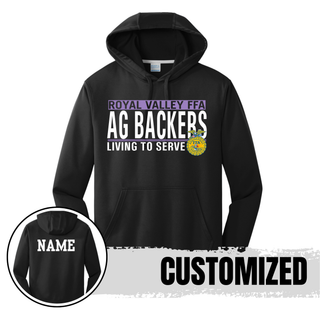 Black Royal Valley Ag Backers Living to Serve performance hoodie with optional back name