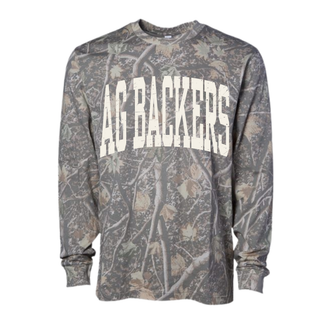 Royal Valley Ag Backers distressed arch all-over camo long sleeve top with white lettering