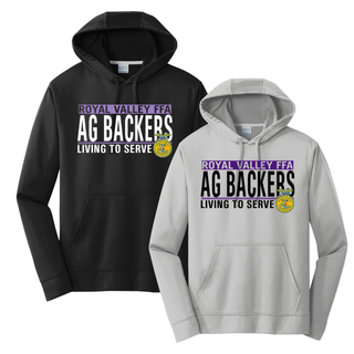 Royal Valley Ag Backers Living to Serve performance hoodies in black and silver