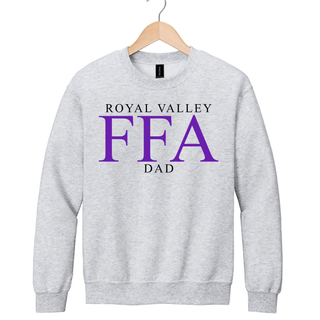 Ash heather Royal Valley ag dad crewneck with purple and black serif lettering on hanger