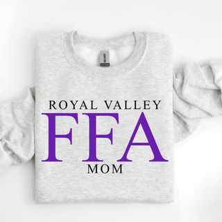 Ash heather Royal Valley ag mom top with purple and black serif lettering folded flat