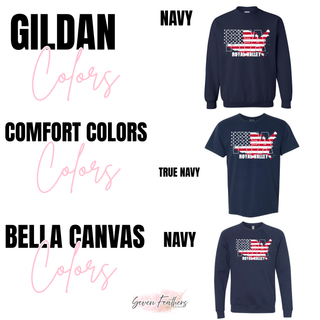 Gildan, Comfort Colors, and Bella Canvas navy color options for Royal Valley Ag USA top