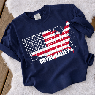 Navy Comfort Colors top featuring Royal Valley Ag distressed USA flag map graphic