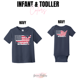 Navy infant onesie and toddler top with Royal Valley Ag USA flag map design