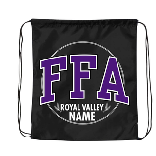Royal Valley Agriculture drawstring bag in black with purple lettering and personalized name option