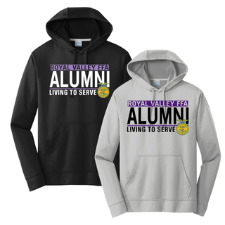 Royal Valley Alumni Living to Serve performance hoodie shown in black and grey with purple lettering