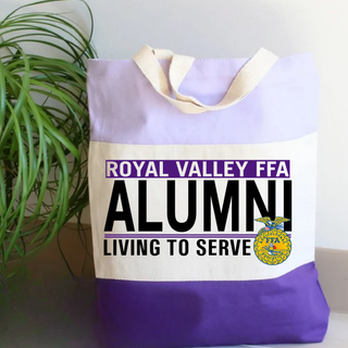 Royal Valley Alumni Living to Serve canvas tote bag in lavender, cream, and purple color block design