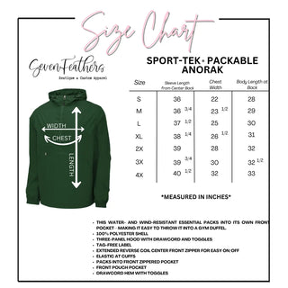 Sport-Tek packable anorak size chart small through adult 4X with chest and length measurements