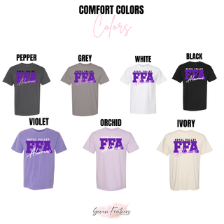 Royal Valley Block FFA Alumni Top graphic tee color options in violet, orchid, and ivory