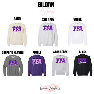 Royal Valley Block FFA Alumni Top crewneck sweatshirt color options in sand, purple, and grey