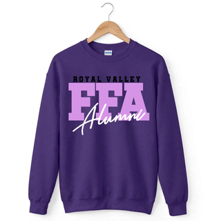 Royal Valley Block FFA Alumni Top in purple crewneck sweatshirt with lavender lettering