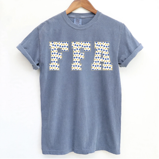 Royal Valley Blue Daisy FFA Top comfort colors blue jean tee with floral patterned lettering