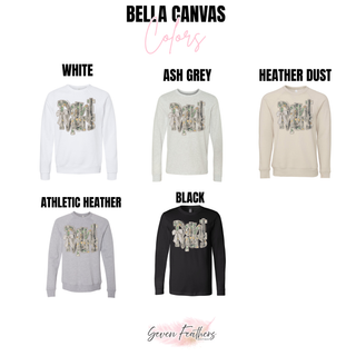Royal Valley camo bow Bella Canvas long sleeve and crewneck color options