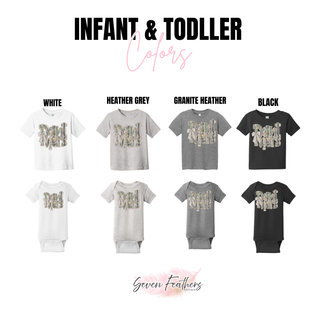 Royal Valley camo bow infant and toddler tees and onesies in four colors