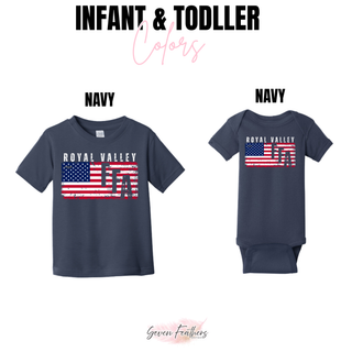 Royal Valley distressed American flag top infant onesie and toddler tee in navy