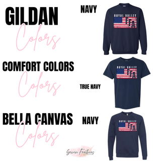 Royal Valley distressed American flag top color options including Gildan navy, Comfort Colors true navy, and Bella Canvas navy