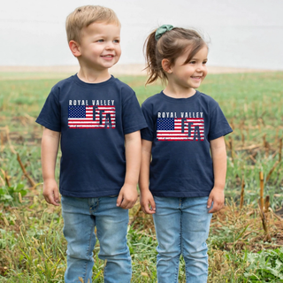 Kids wearing navy Royal Valley top with distressed American flag design