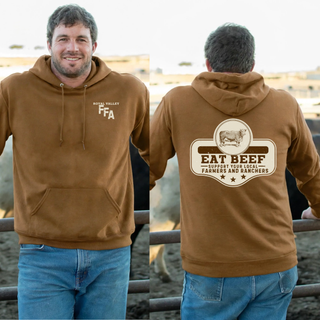 Man wearing brown Royal Valley top with front pocket logo and eat beef support your local farmers and ranchers back graphic