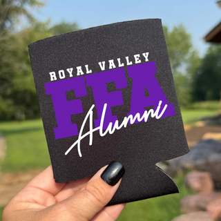 Black neoprene collapsible can cooler featuring a purple Royal Valley FFA Alumni graphic design being held outside.
