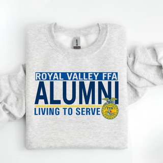 Ash grey Gildan top featuring Royal Valley FFA Alumni Living to Serve design and FFA emblem