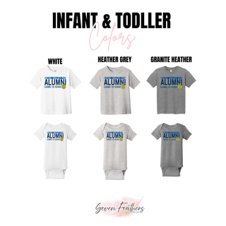 White, heather grey, and granite heather infant and toddler tops with Royal Valley FFA Alumni Living to Serve design