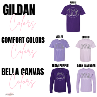 Royal Valley FFA circle badge color chart across Gildan purple, Comfort Colors violet and orchid, and Bella Canvas team purple and dark lavender