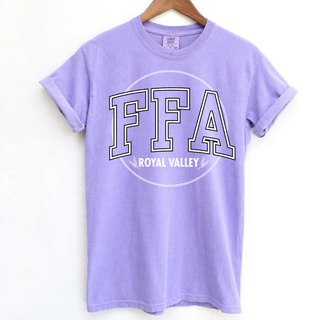 Lavender top with FFA circle badge design and Royal Valley wheat sprig graphic