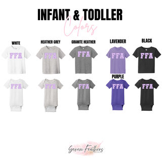 Royal Valley FFA lavender daisy infant and toddler color chart in white, heather grey, granite heather, lavender, black, and purple