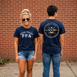 Royal Valley FFA Yeah We Judge navy t-shirt front and back design - Seven Feathers Boutique