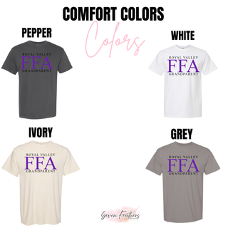 Royal Valley Grandparent tee shown in pepper, white, ivory, and grey with purple lettering