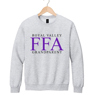 Royal Valley Grandparent sweatshirt in ash grey hanging with purple lettering design
