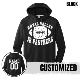 Black Royal Valley Jr. Panthers football performance hoodie with optional player name and number on the back
