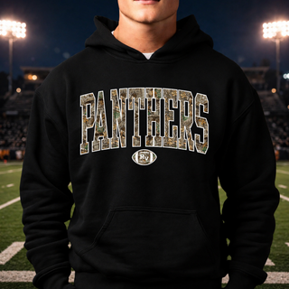Royal Valley Jr. Panthers camo football spirit top with bold Panthers lettering