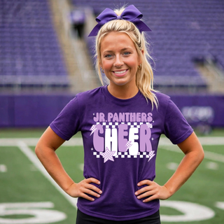 Model wearing a purple Royal Valley Jr. Panthers checkered cheer top with lavender and white lettering