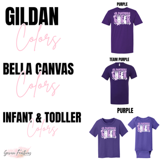 Royal Valley Jr. Panthers checkered cheer tops in purple for infants, toddlers, youth, and adults