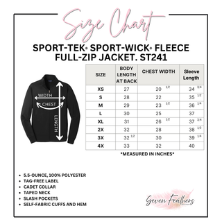 Adult size chart and product features for the Royal Valley Jr. Panthers Cheer Sport-Wick warm-up jacket.