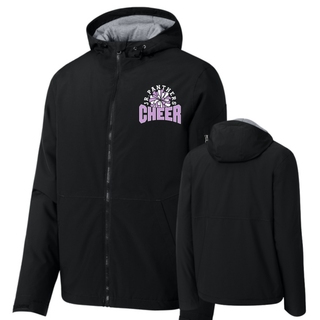 Black Royal Valley Jr. Panthers Cheer Burst waterproof insulated jacket shown from the front and back