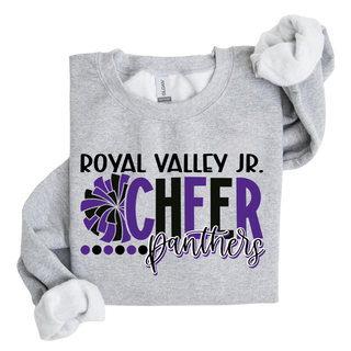 Royal Valley Jr. Panthers cheer graphic on a heather gray crewneck