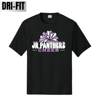 Black Royal Valley Jr. Panthers Cheer Dri-Fit Performance Top featuring purple and white pom artwork with bold lettering.