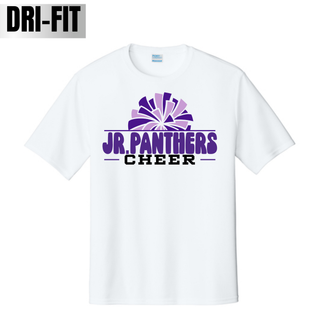 White Royal Valley Jr. Panthers Cheer Dri-Fit Performance Top featuring purple pom artwork and bold lettering