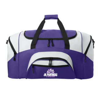 Purple and white Royal Valley Jr. Panthers cheer duffel bag with printed cheer graphic on the front pocket