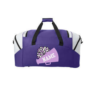 Purple and white Royal Valley Jr. Panthers cheer duffel bag with a personalized megaphone and name graphic