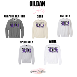 Royal Valley Jr. Panthers cheer Gildan crewneck color options in grey, sand, and white