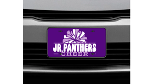 Purple Royal Valley Jr. Panthers Cheer decorative license plate displayed on the front of a silver vehicle