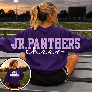 Front and back views of the purple Royal Valley Jr. Panthers cheer crewneck with oversized back print