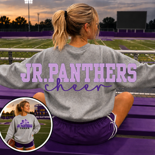 Front and back view of the Royal Valley Jr. Panthers sport grey cheer crewneck with an oversized back graphic